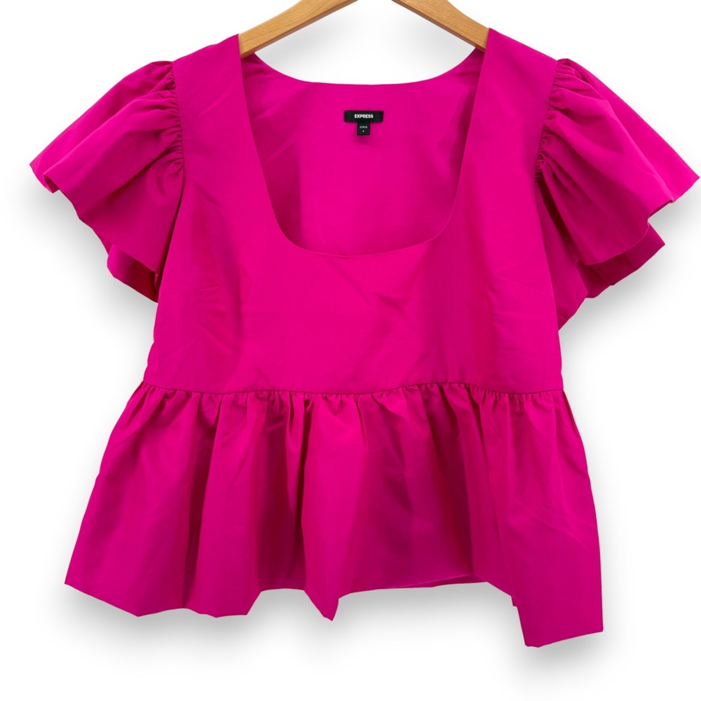 Express‎ Women Fuchsia Pink Square Neck Flutter Sleeve Peplum Top Size S